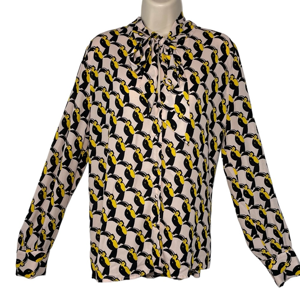 Avec Les Filles pink toucan print  blouse neck bow button down sz xl - Picture 4 of 10